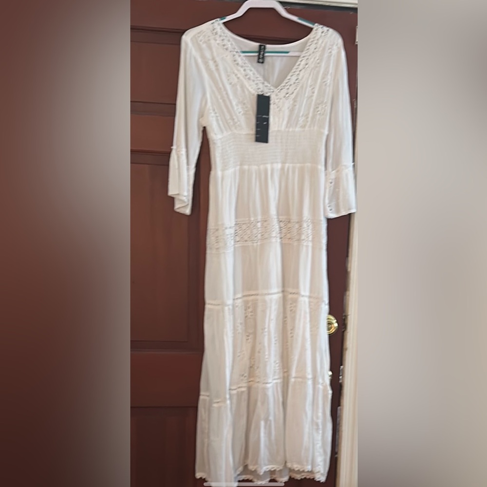 🆕 Cotton White V-Neck Tiered Sundress with Bell Sleeves